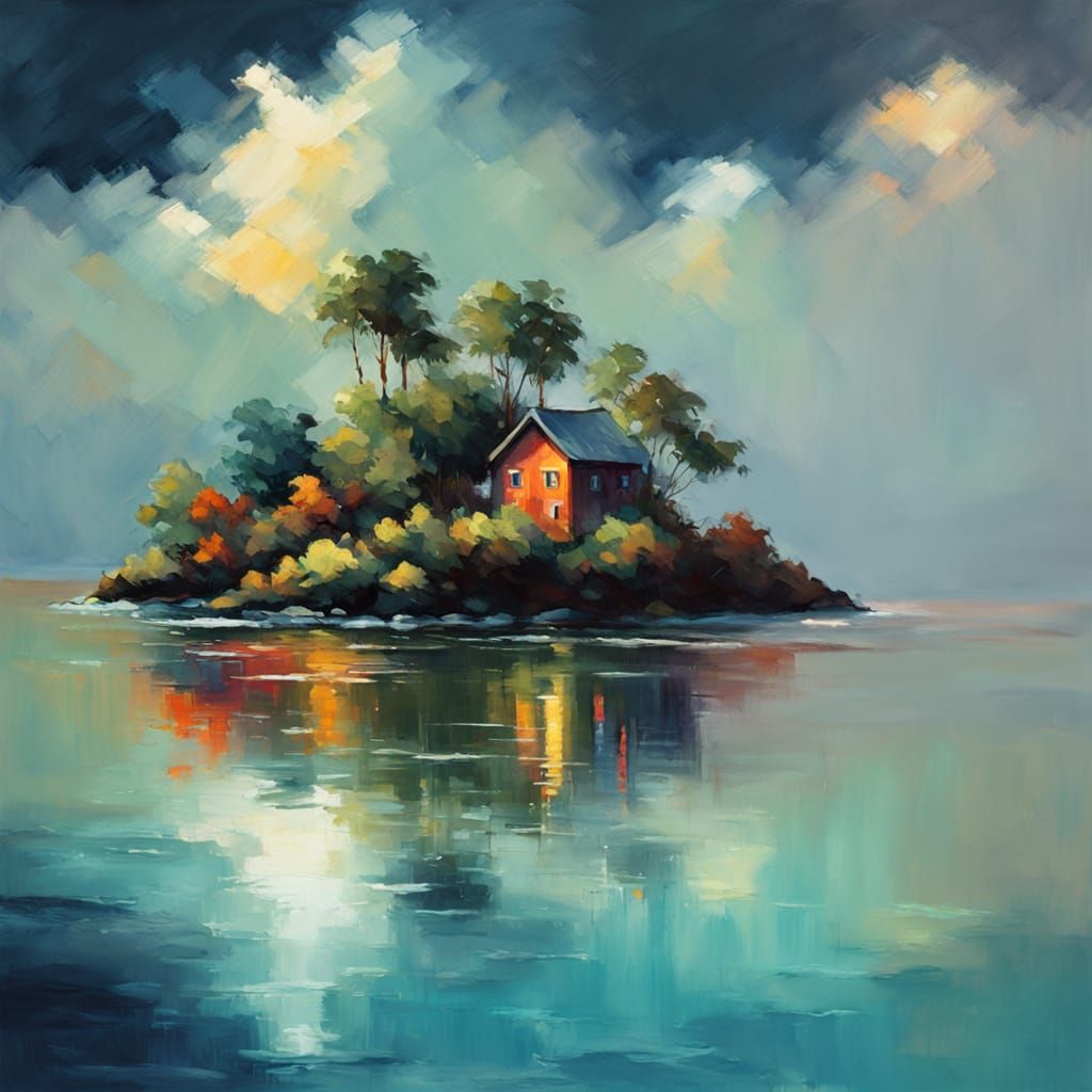 Impressionist Masterpiece: Tiny Island House in Vibrant Colo...