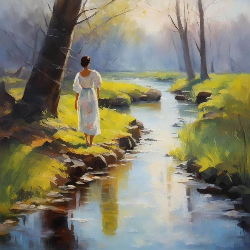 Woman Washing Sheets in River as Oil Painting