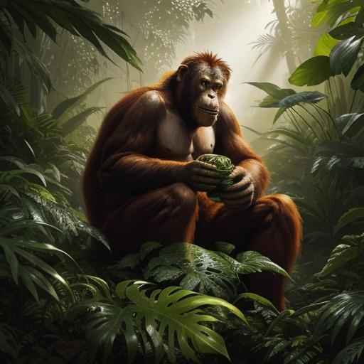 Orangutan Foraging in Vibrant Rainforest Sunlight