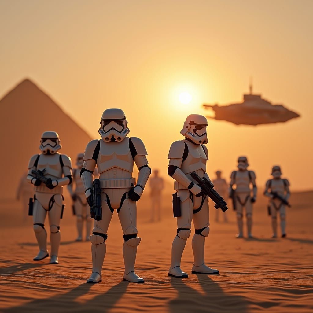 Stormtroopers in Desert Landscape with Spaceship at Sunset