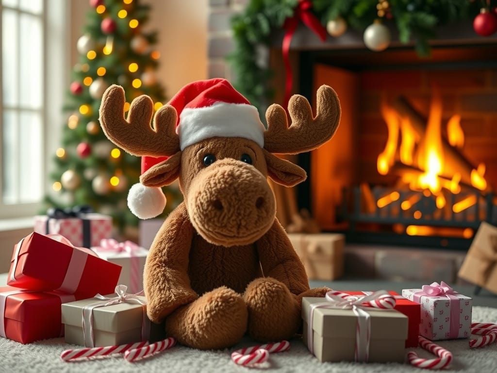 Whimsical Christmas Moose in Cozy Winter Scene with Gift Pre...