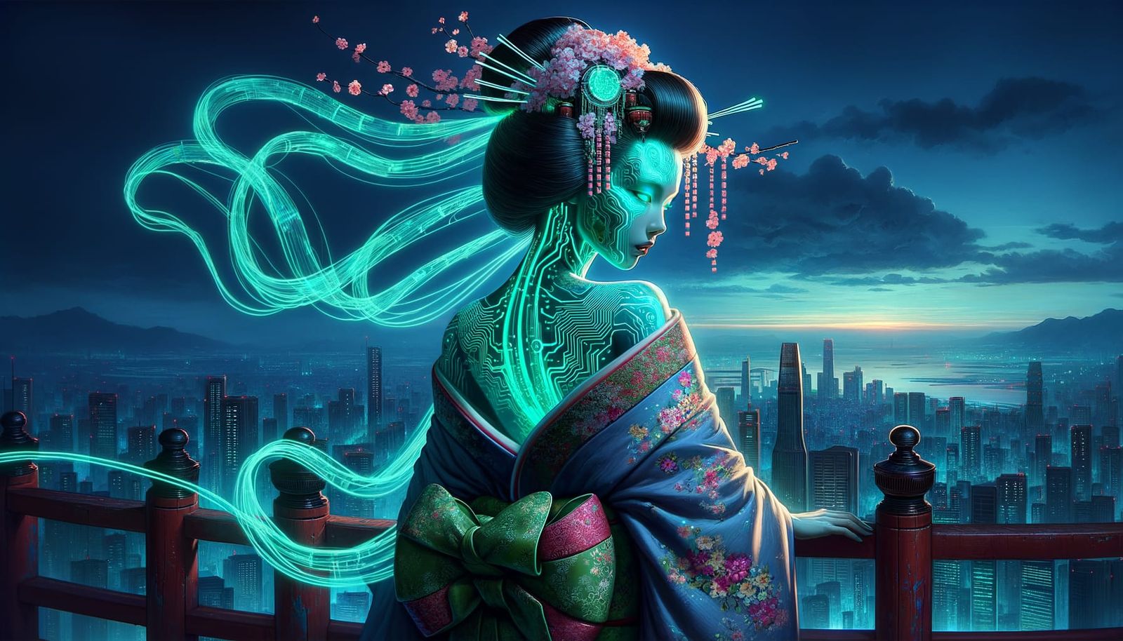 Gothic Geisha Goddess in Cyberpunk Skies