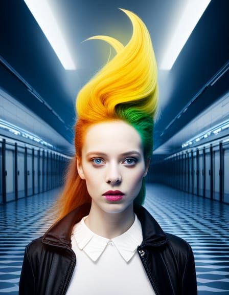 Futuristic Woman in War Station with Rainbow Sky