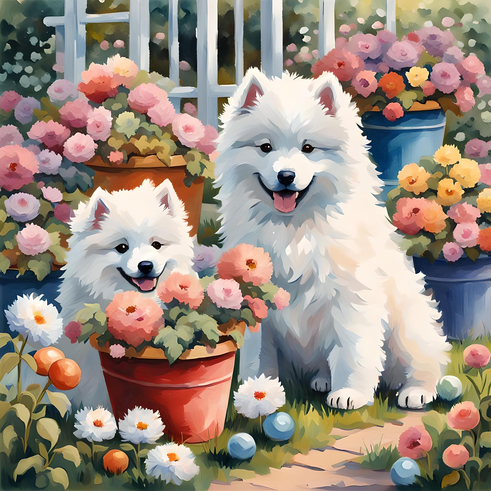 Samoyed Puppies Playing: Impressionist Gouache Style