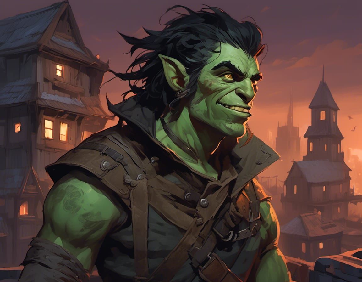 Half-Orc Rogue Character Portrait in Thiefcore Style