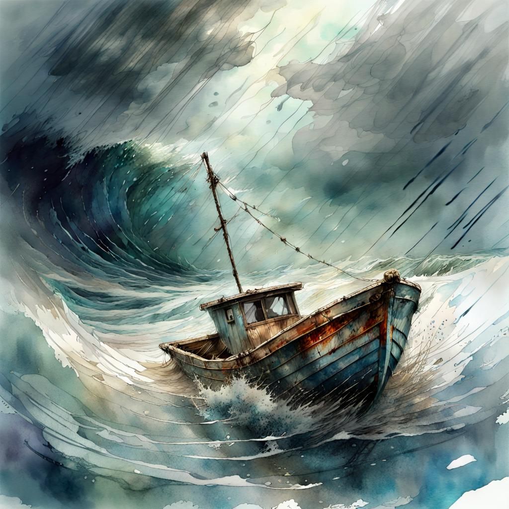 Small Boat Trapped in Storm: Watercolor Illustration