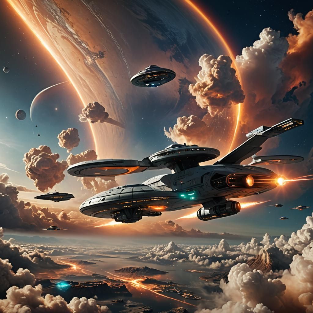 Starship Enterprise Fires on Borg Cube in Earth Orbit