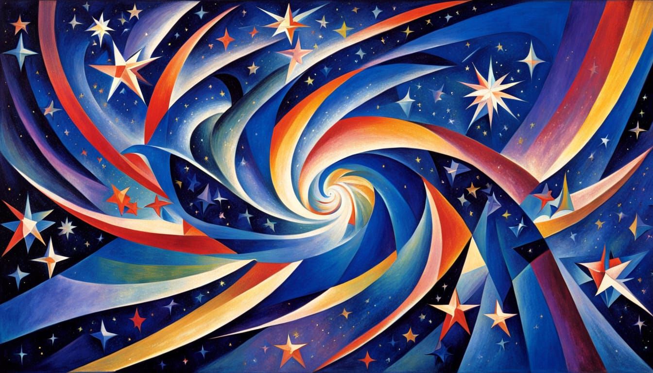 Iridescent Stars Swirl in Abstract Cubist Space Art