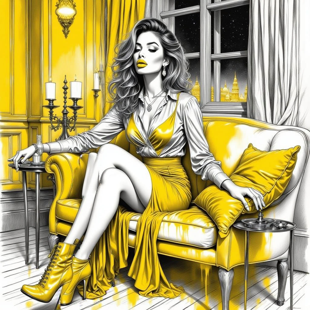 Yellow Woman in Ink Drawing Style