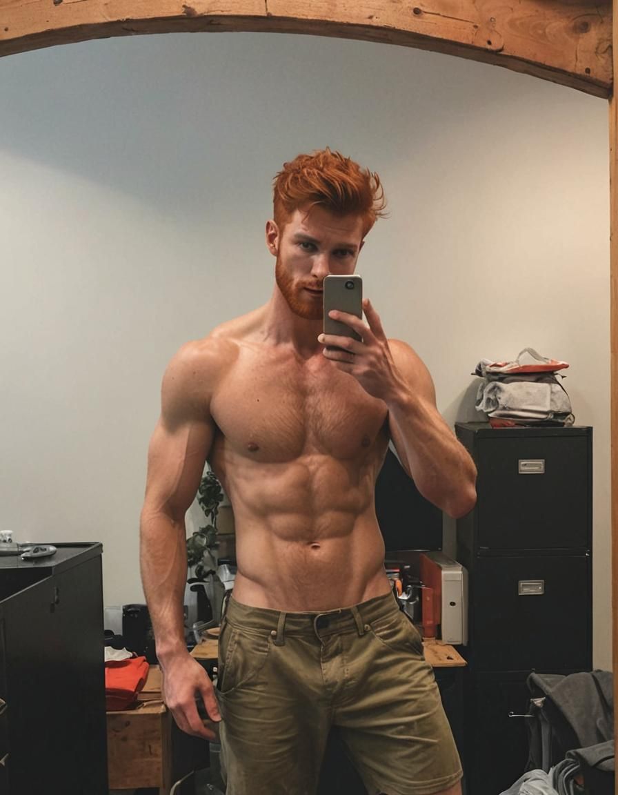 shirtless red hair young toned man, short red beard selfie