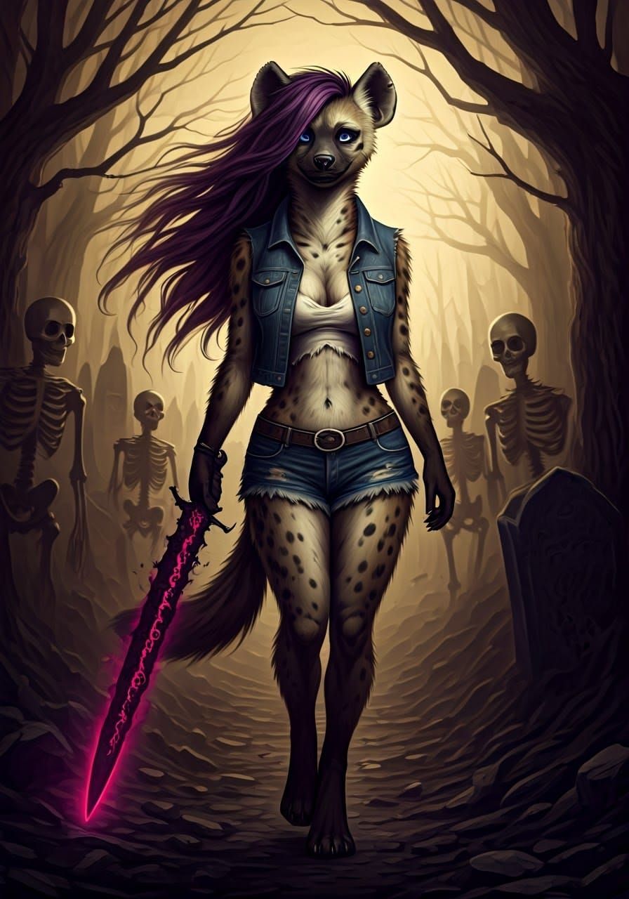 Sensual Hyena Goddess Wields Black Sword in Gothic Graveyard