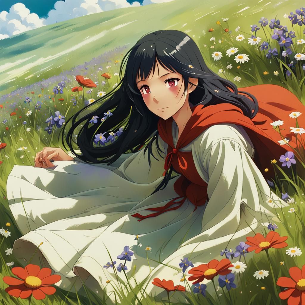 Red Riding Hood in Flower Meadow: Ghibli Style