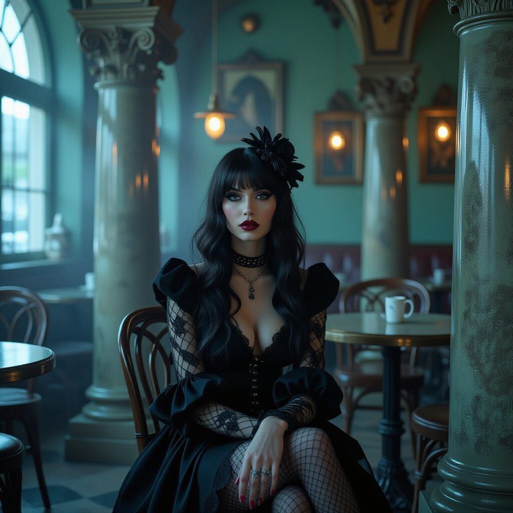 Gothic Model in Coffee Shop, Tim Burton Inspired Scene