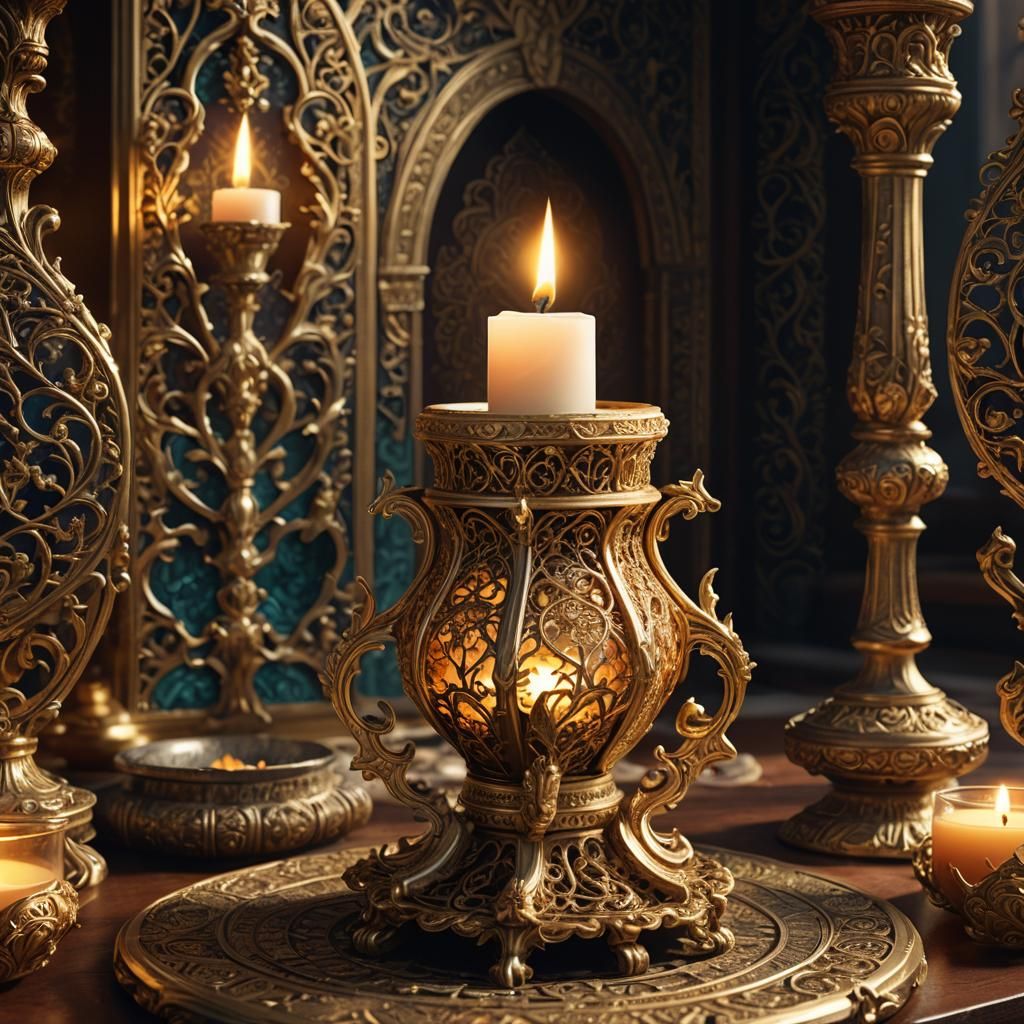 Gold Candle Holder with Mystical Symbols, Matte Painting