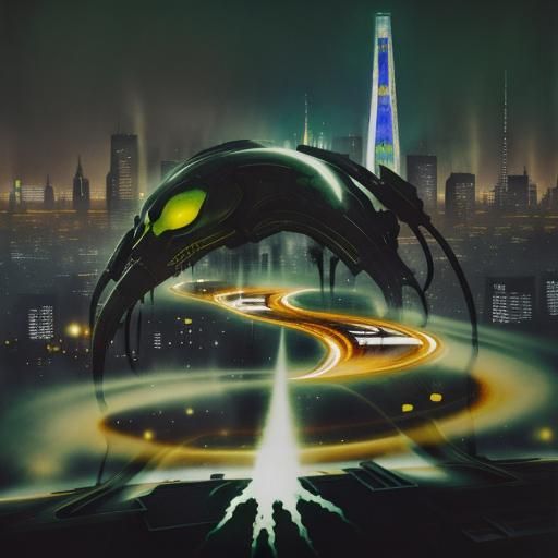 Surreal Double Exposure: Alien and Dystopian Cityscape