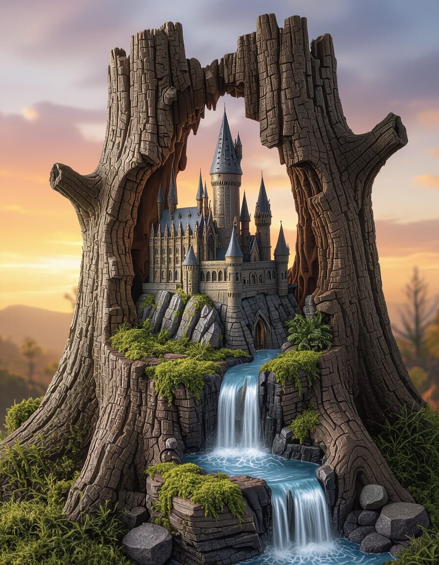 Gothic Castle Diorama in Carved Tree Stump at Sunset