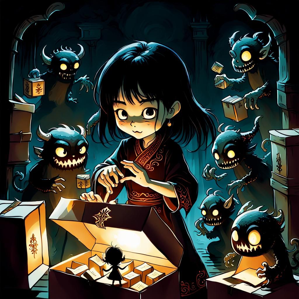 Girl Opens a Box: Chinese Fantasy Art Illustration