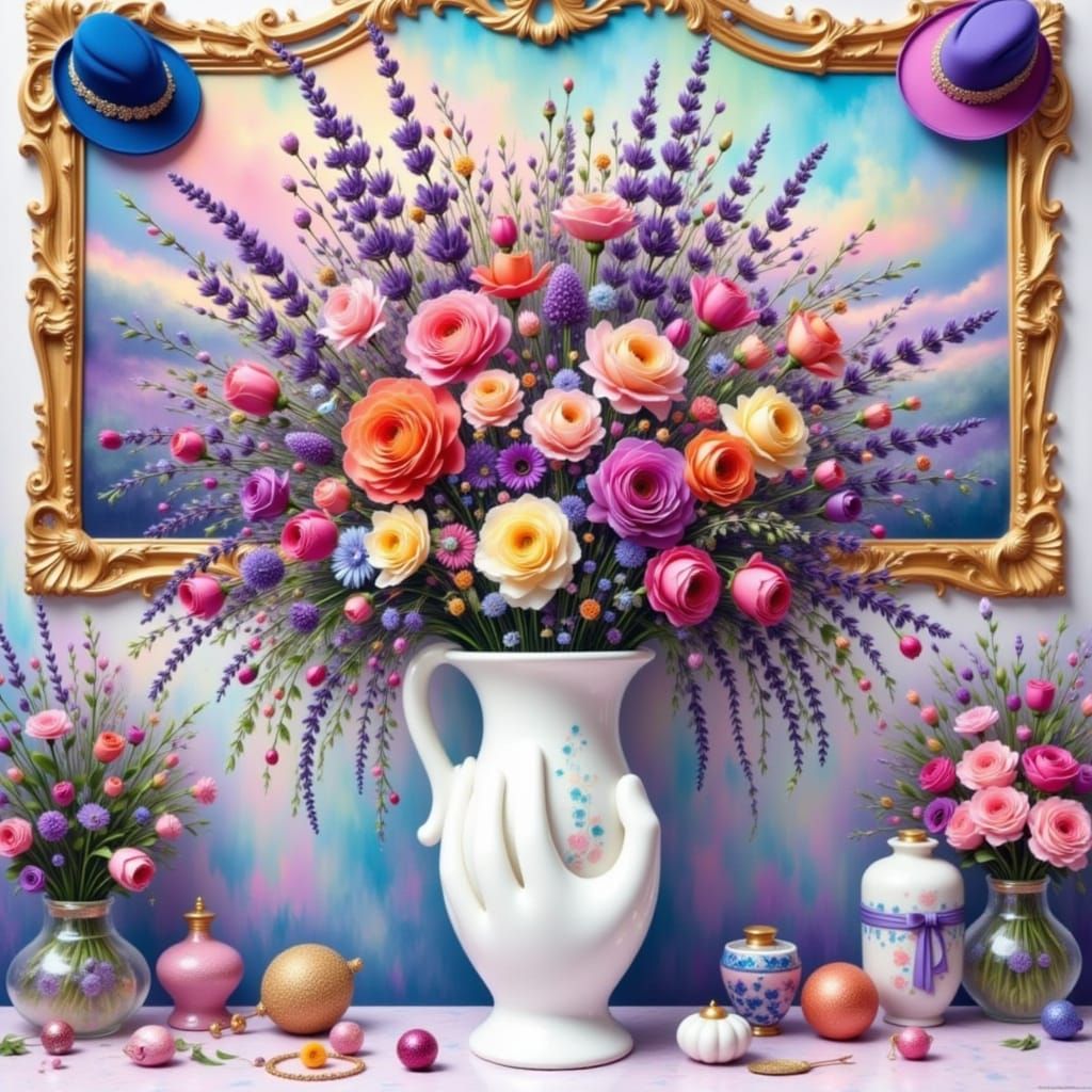 Colorful Floral Display with Hats and Jewelry