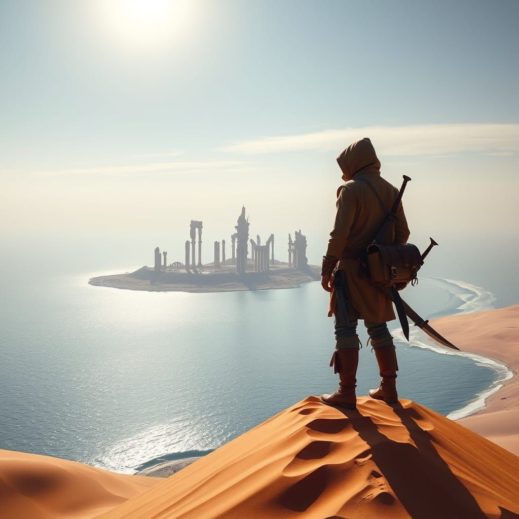 Traveler on Dune Gazing at Ancient Ruins