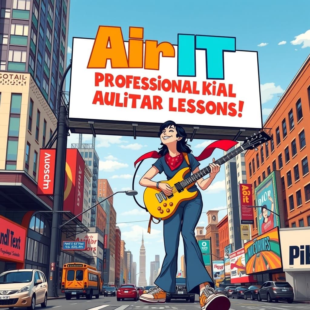 Rockstar Air Guitarist on a Vibrant City Billboard