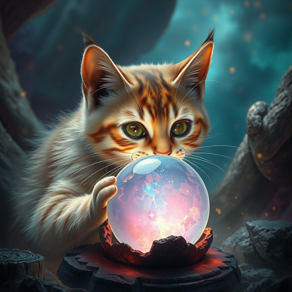 Mystical Cat and Crystal Ball in Fantasy Style