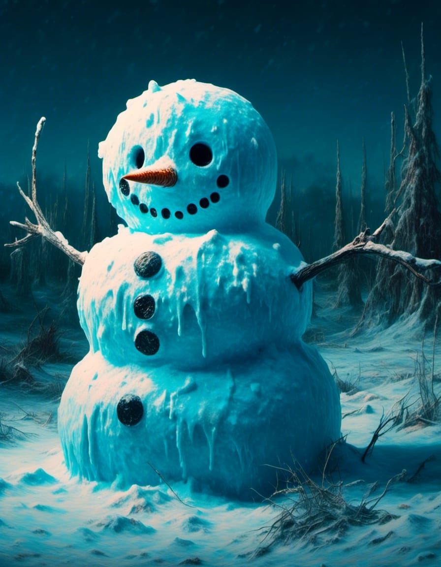 Bioluminescent Snowman Close-up in Macabre Style