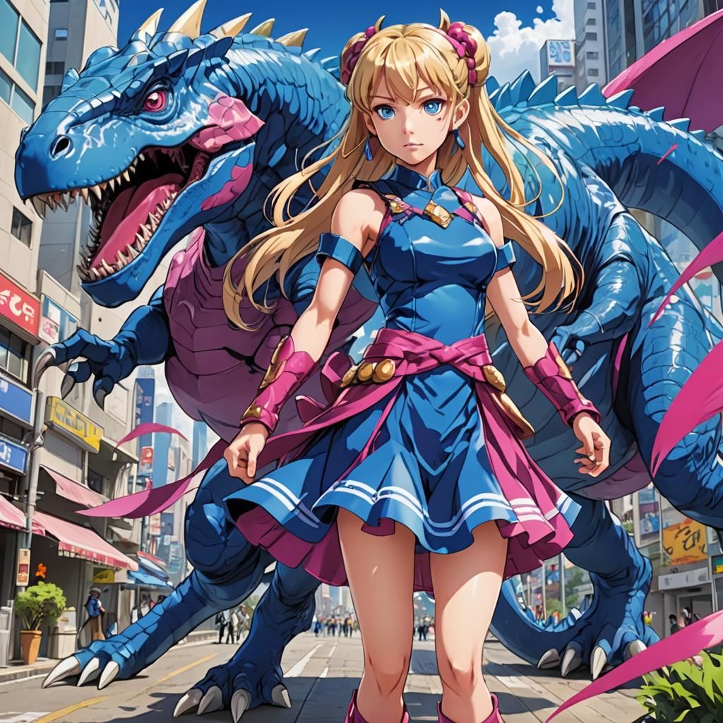 Anime Warrior in Dinosaur Dress Under Blue Sky