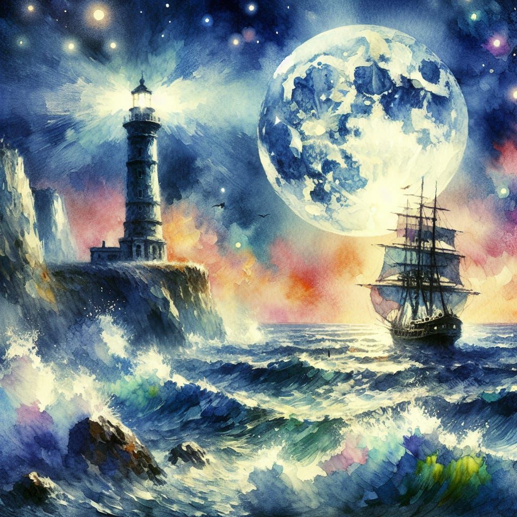 Dramatic Ship at Sea: Impressionist Watercolor