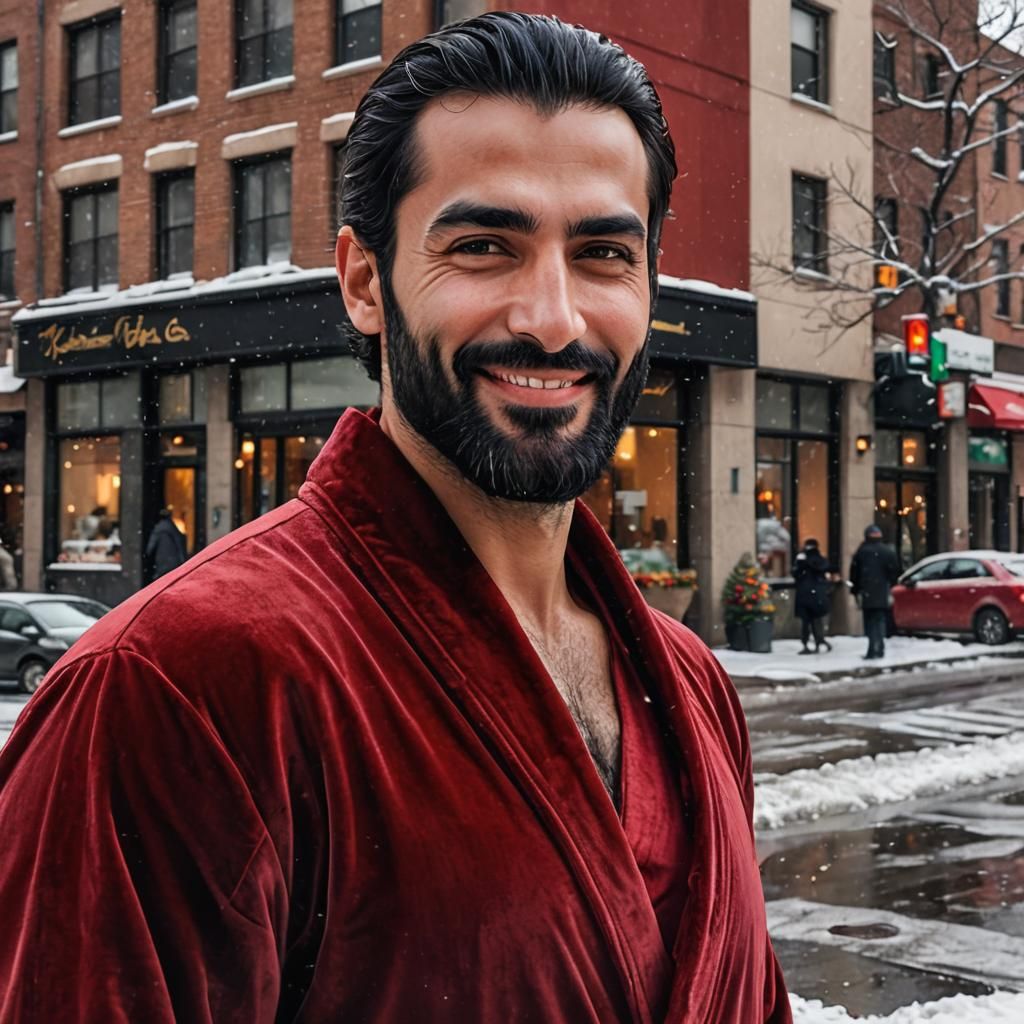 Man in Red Velvet Robe on Snowy Street
