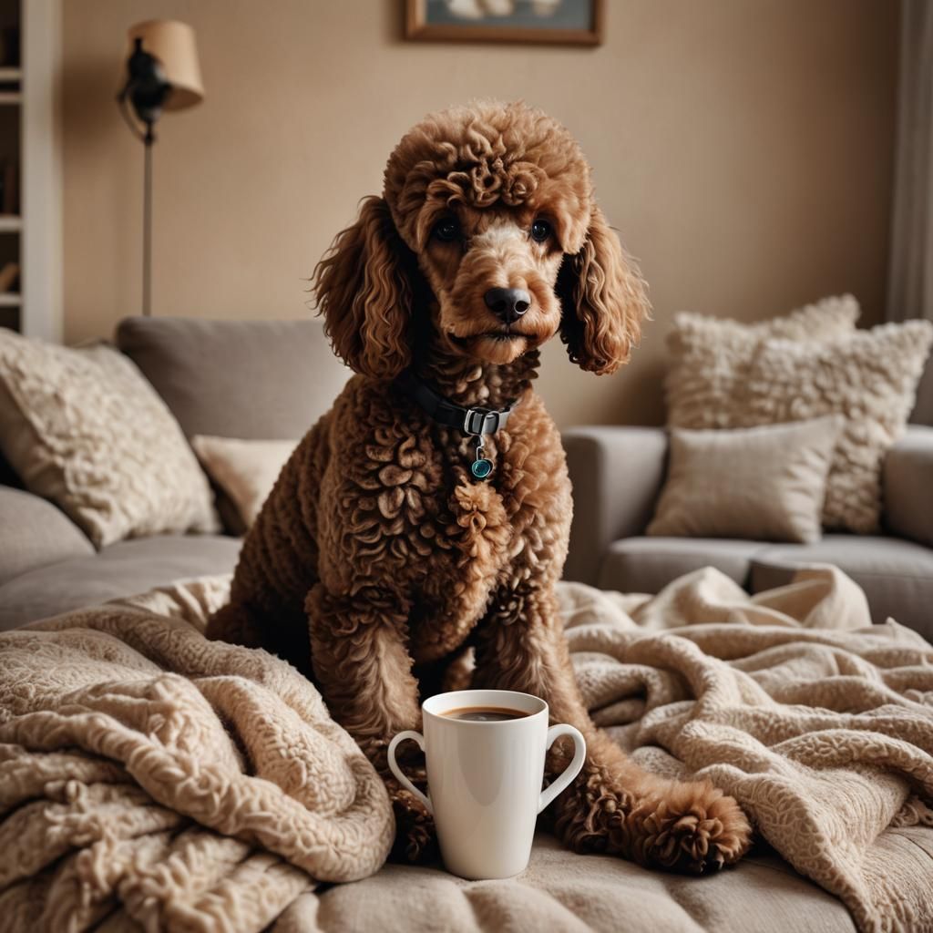 Brown Poodle's Cozy Coffee Break: Realistic Photography