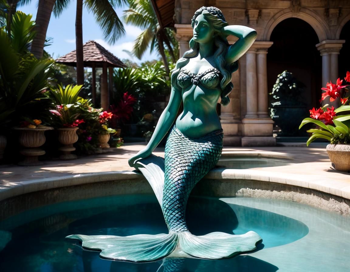 Weathered Stone Mermaid in Tropical Pool