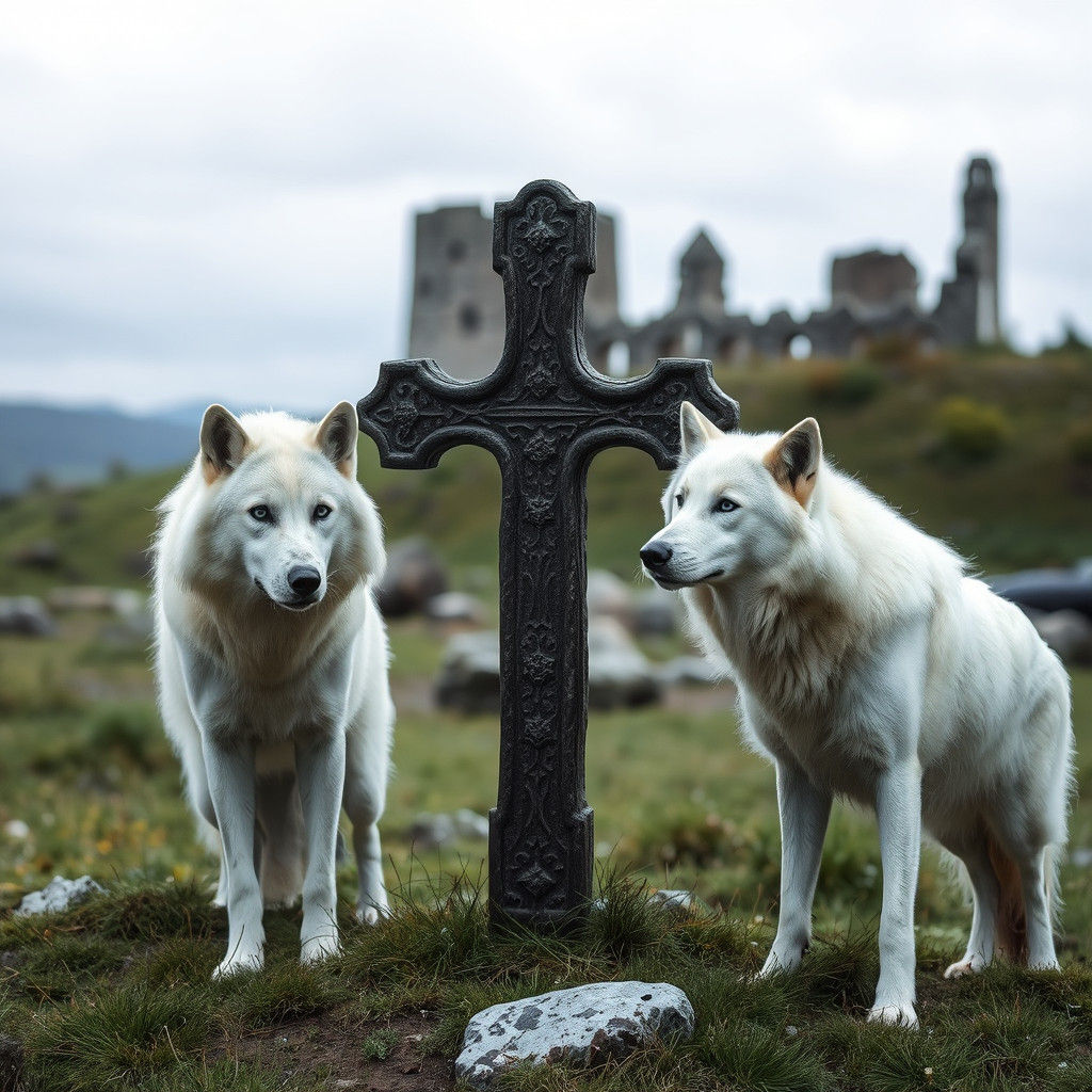 White Wolf and Maramures Cross Near Ancient Ruins