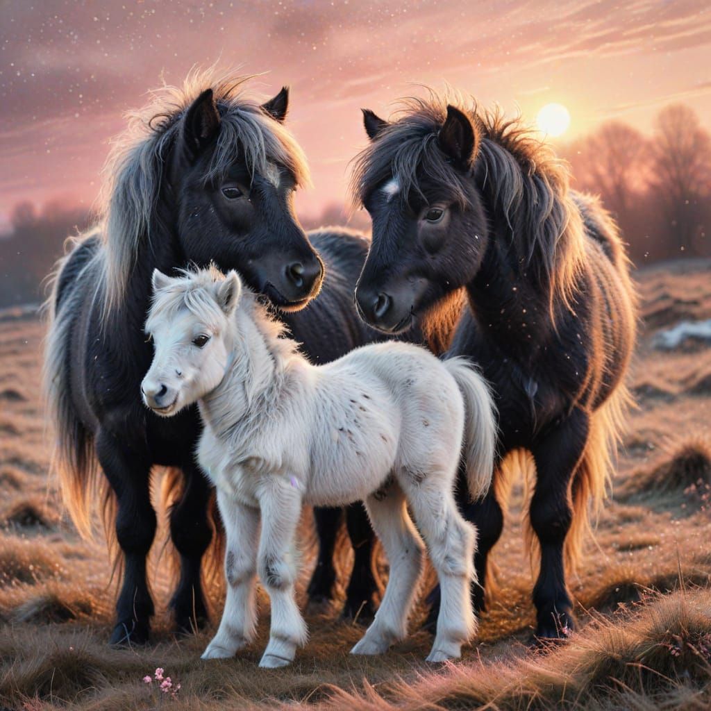 Pencil Sketch of Shetland Pony and Foal