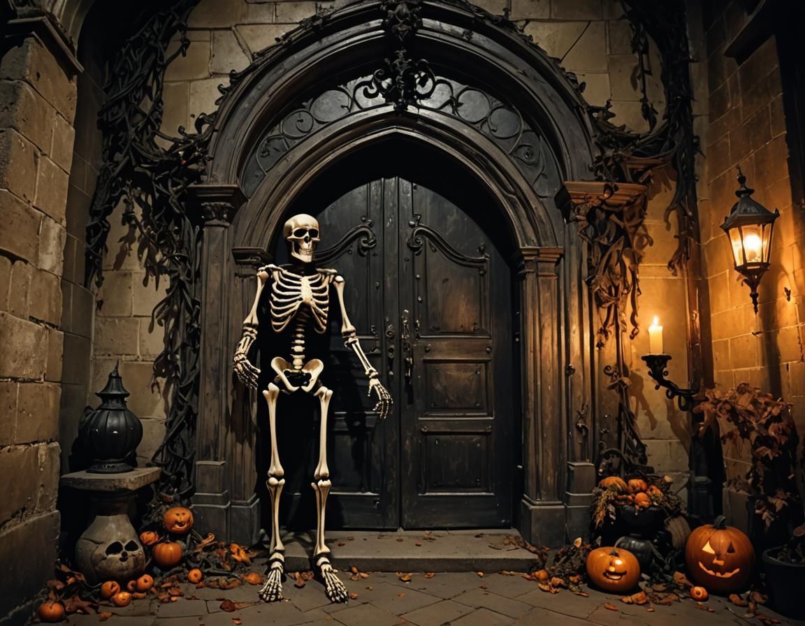 Skeleton's Halloween Visit: Gothic Mansion Scene