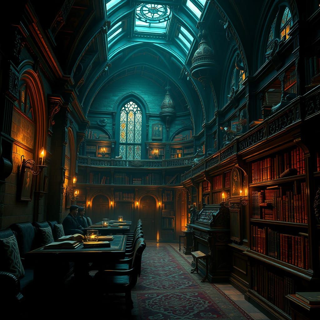Mystical Slytherin Library in Warm, Golden Lighting