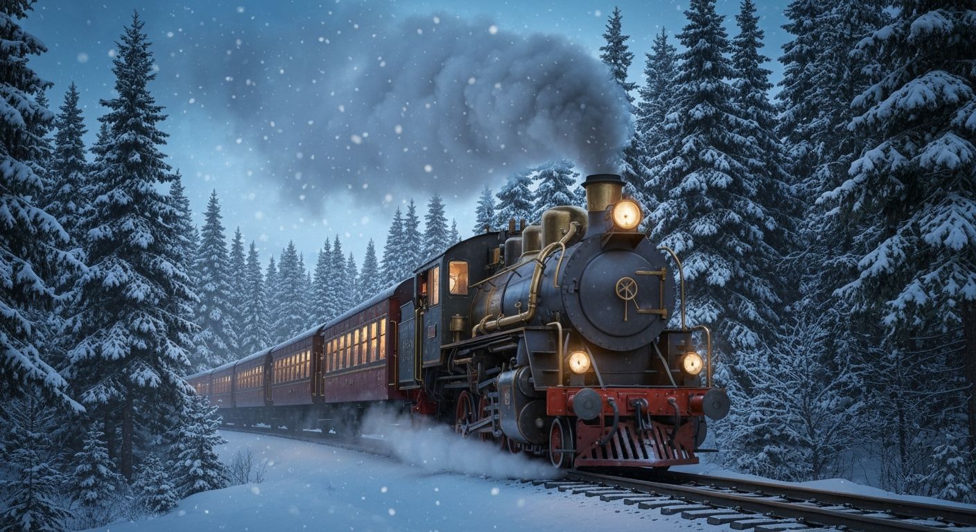 Vintage Steam Train in Snowy Forest Twilight