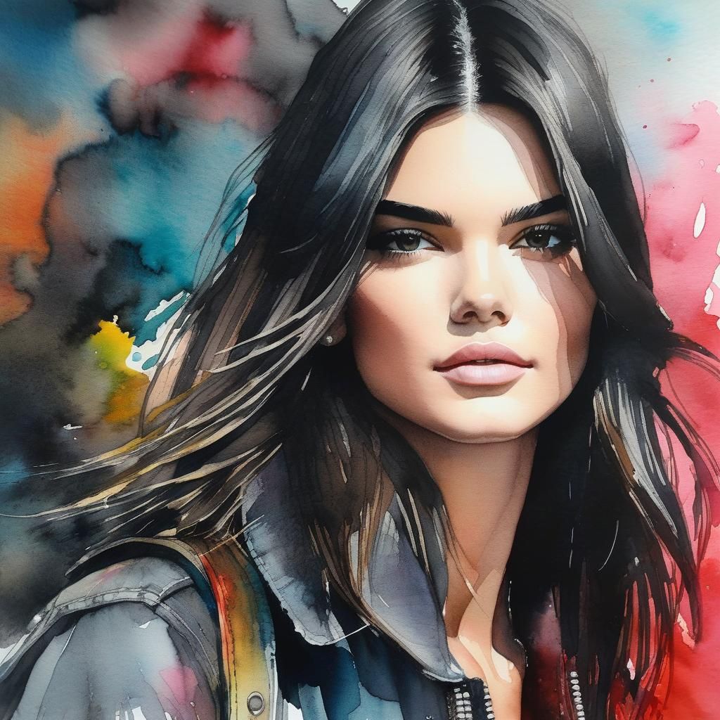 Kendall Jenner Portrait in Watercolor and Ink