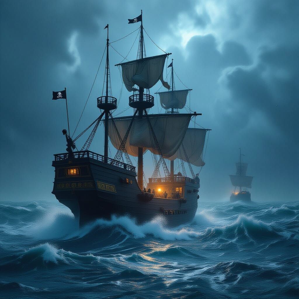 Pirate Ship in Stormy Seas with Dramatic Lighting