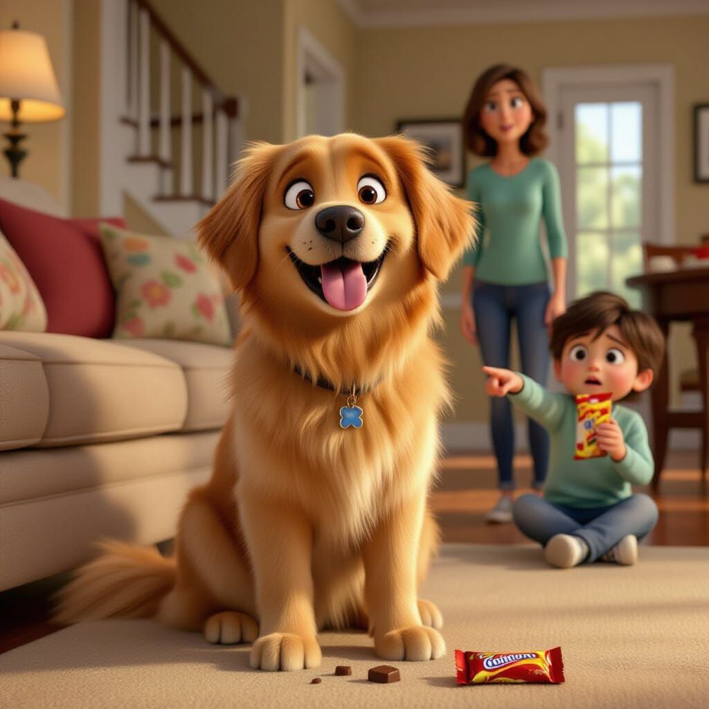 Golden Retriever's Chocolatey Grin in Animated Style