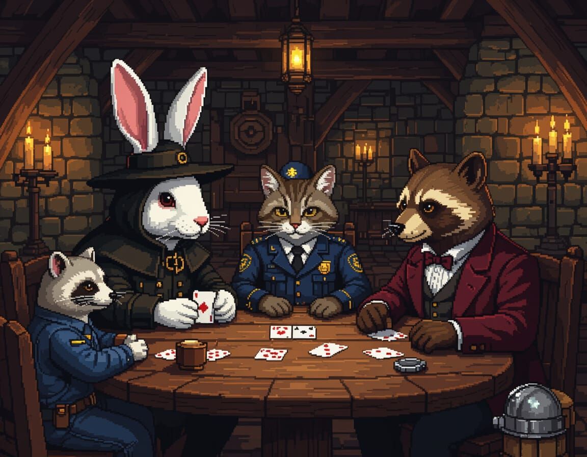 Animals Playing Cards in Tavern, Pixel Art Style