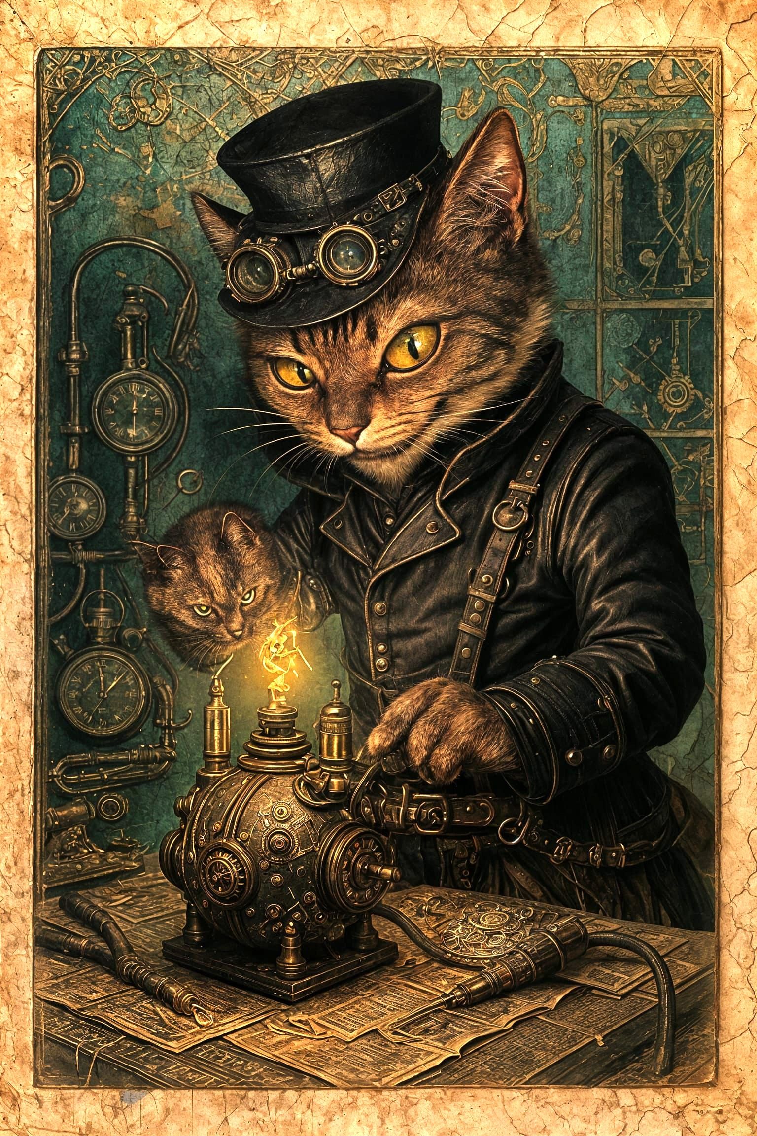 Steampunk Cat Tinkerer in Hidden Laboratory Illustration