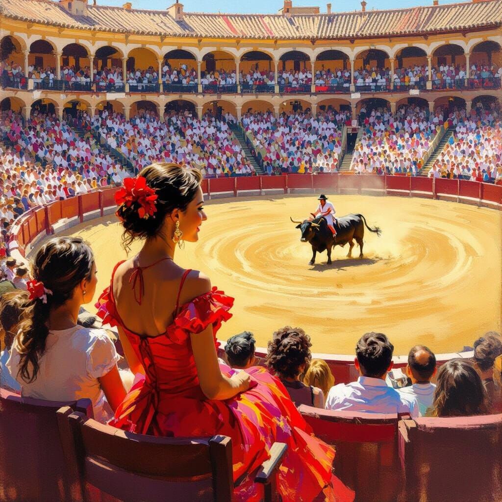 Flamenco Dress Girl Watches Spanish Bullfight