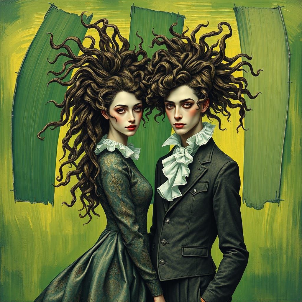 Couple in Whimsical, Expressionist Landscape with Impasto Br...