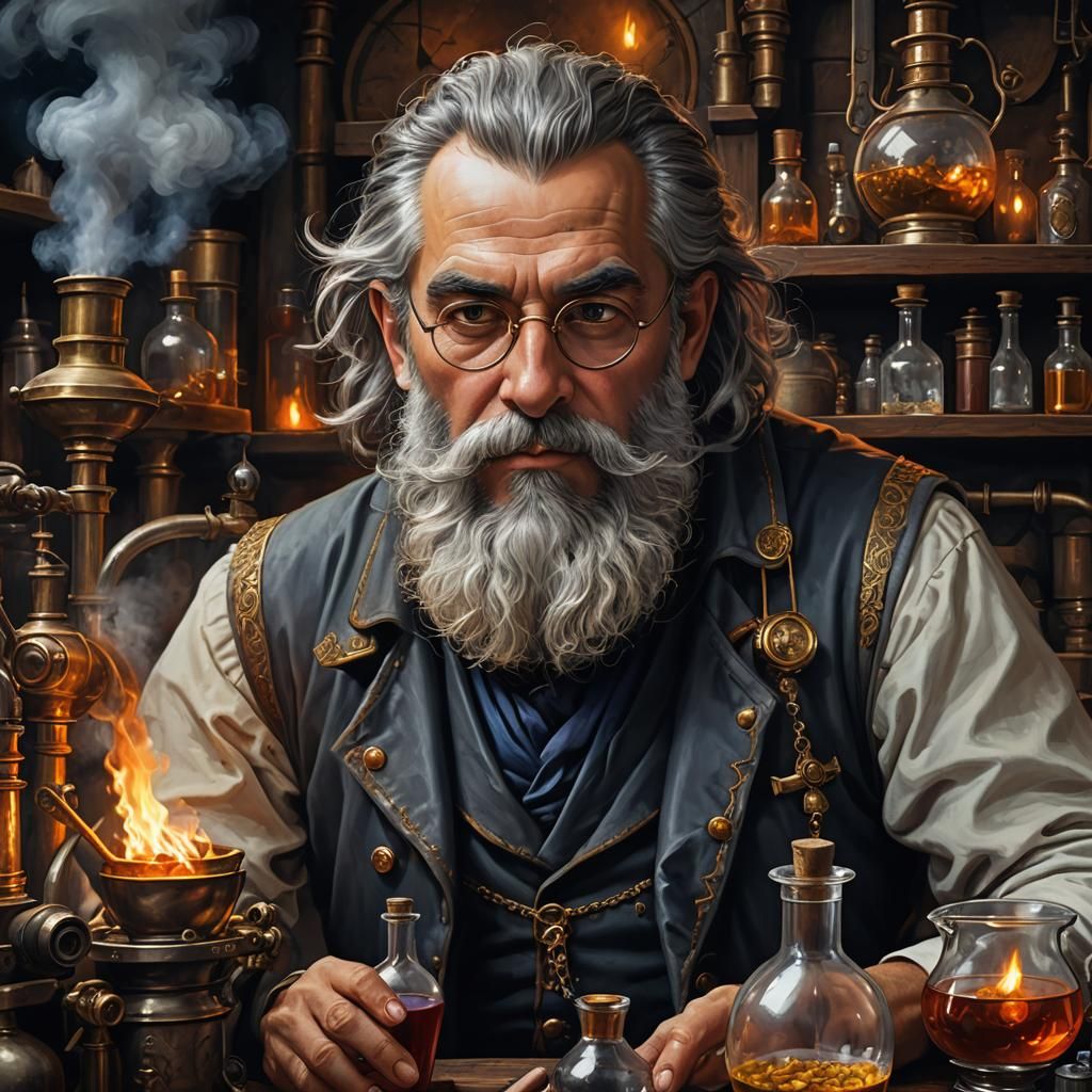 Alchemist Mixing Potions: Dark Fantasy Portrait