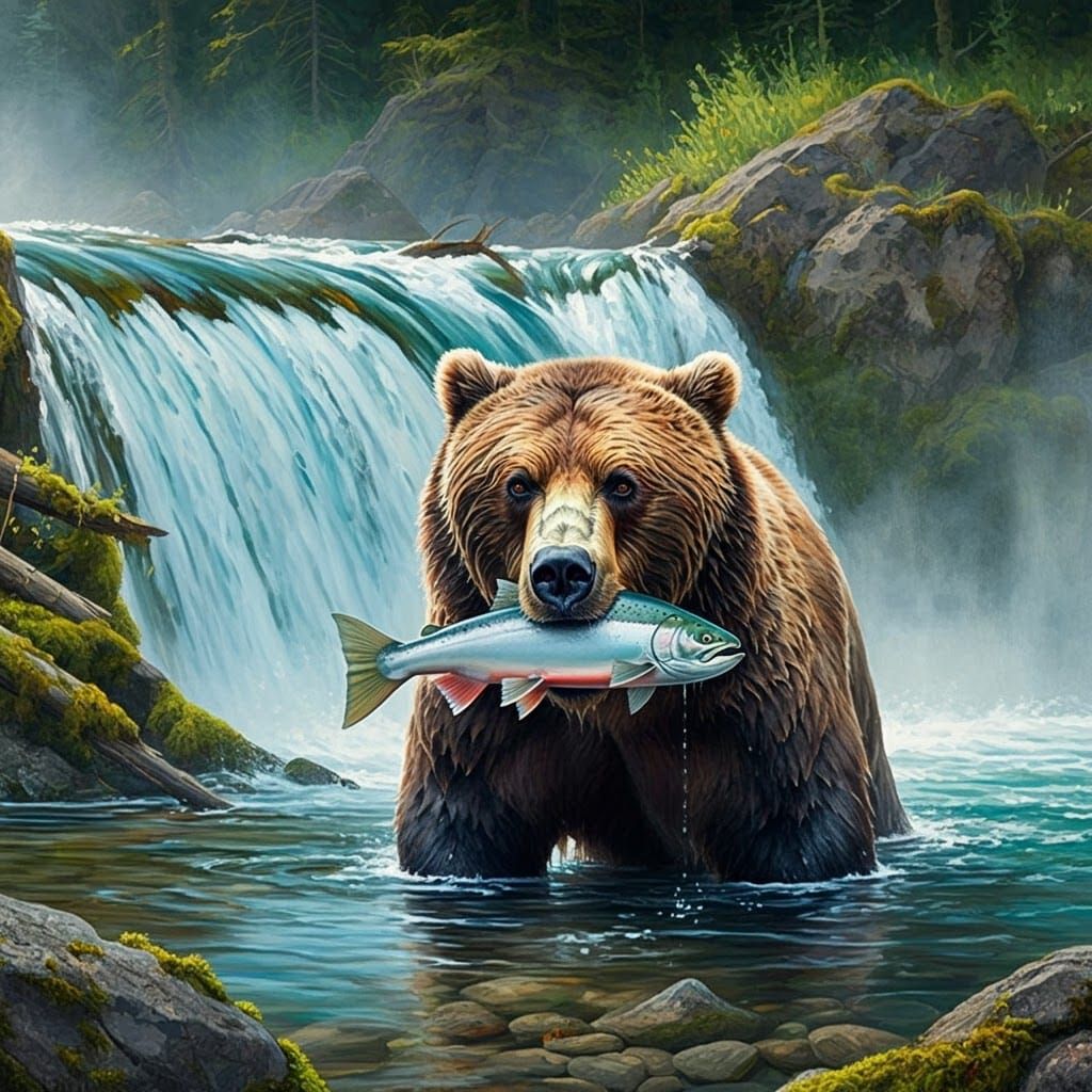 Grizzly Bear Catching Fish Near Waterfall