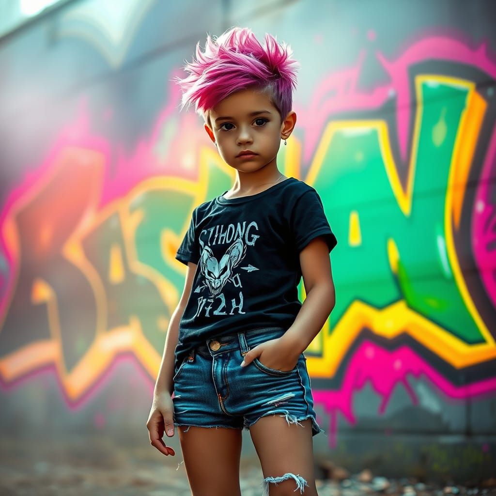 Confident Young Girl Amidst Whimsical Graffiti