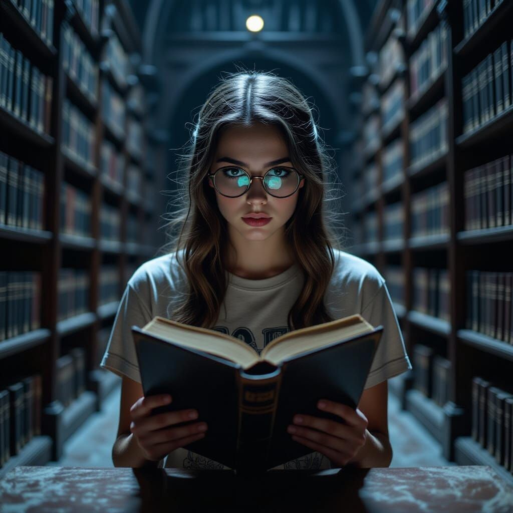 Teen Girl Reads Old Book in Gothic Castle Library