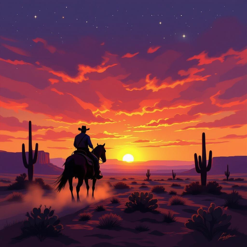 Lone Cowboy at Desert Sunset in Western Art Style