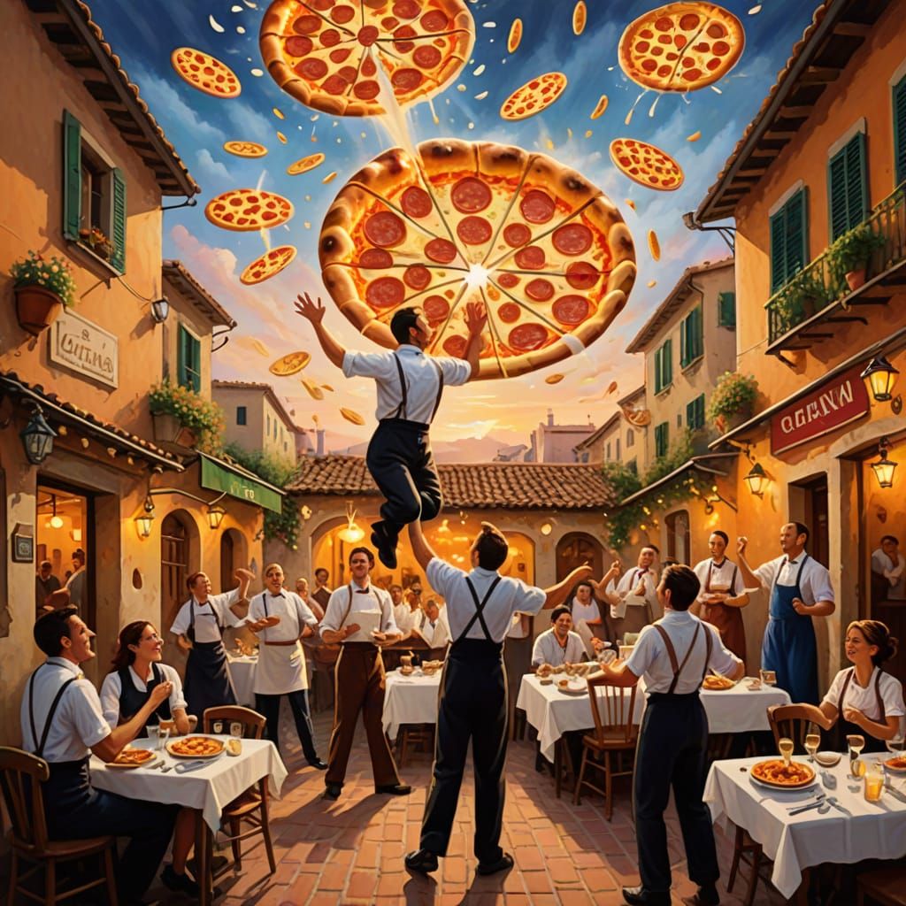 Magical Realism Painting of Pizza Frisbee Fun in Italy