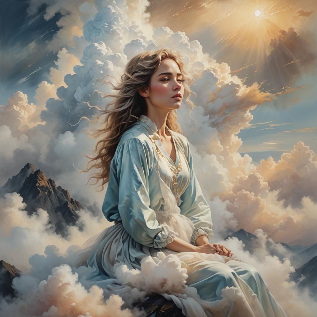 Surreal Cloud Woman on Misty Mountain Peak